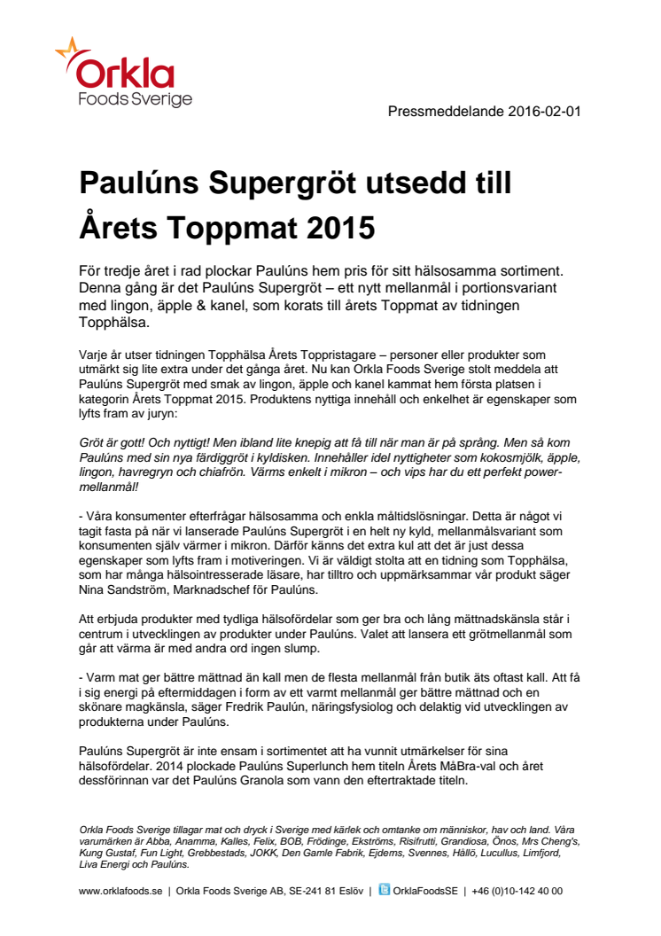 Paulúns Supergröt utsedd till Årets Toppmat 2015