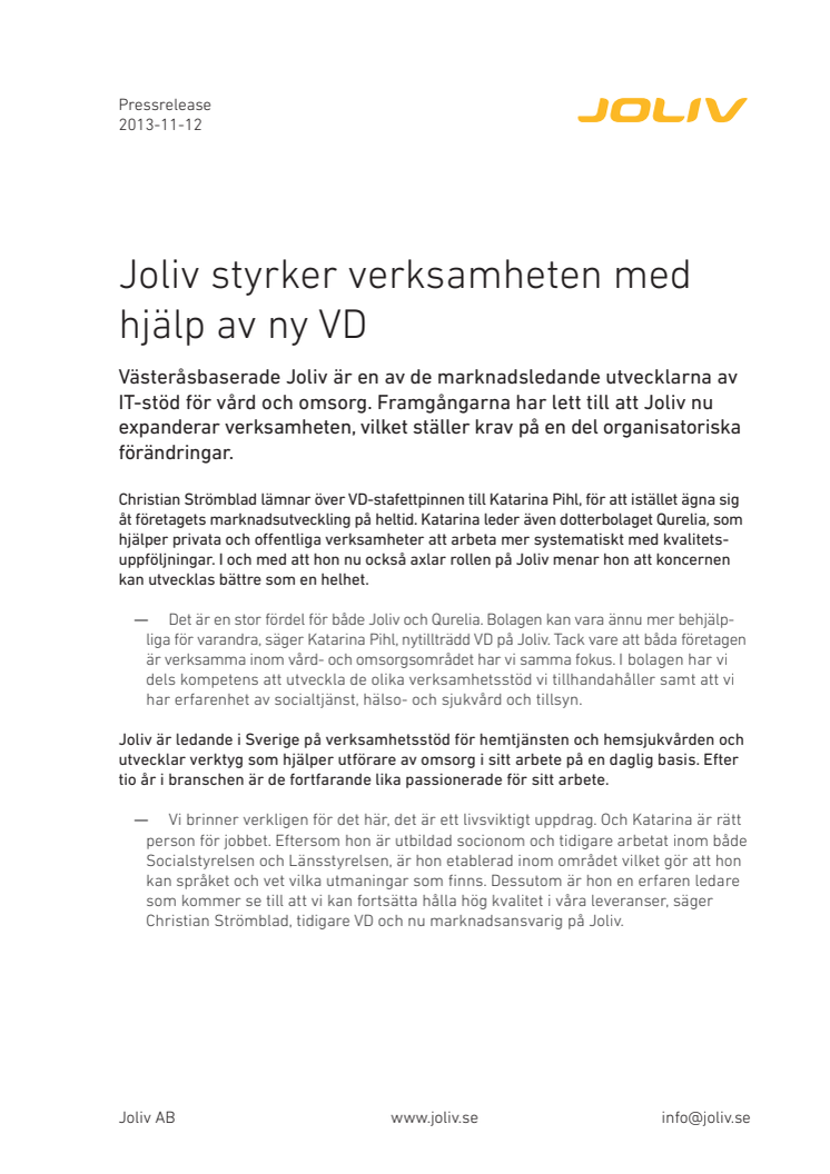 Joliv stärker verksamheten med hjälp av ny VD