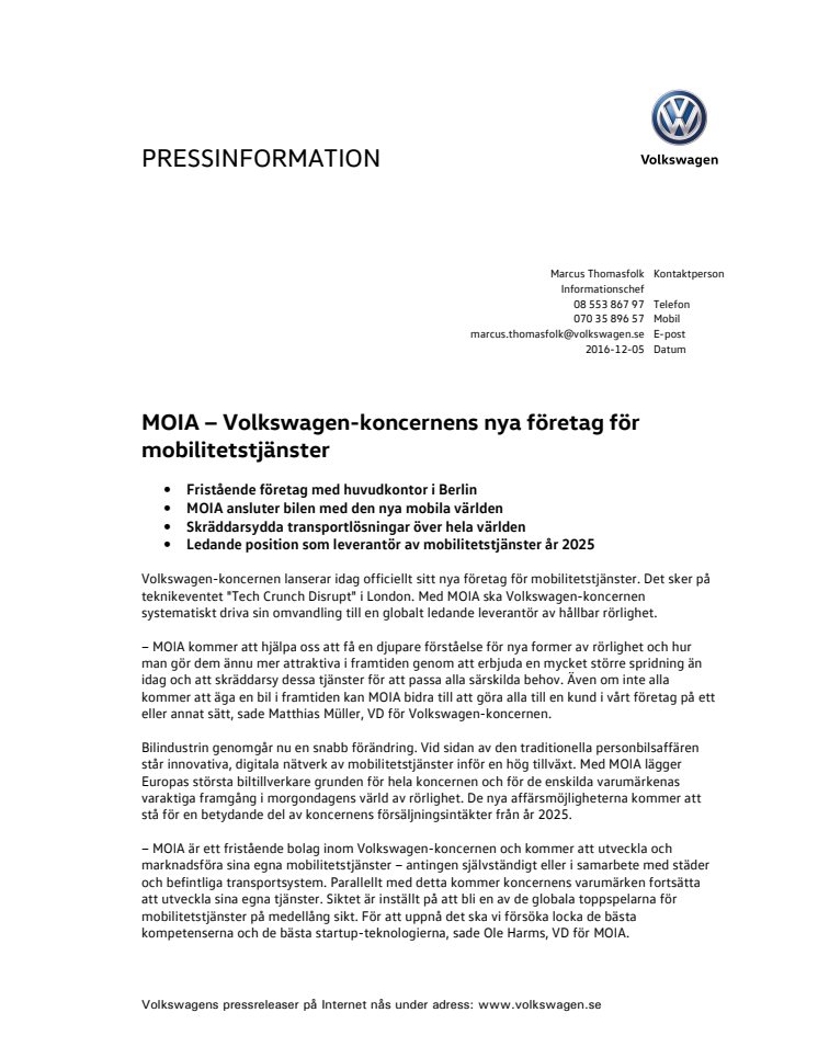 MOIA − Volkswagen-koncernens nya företag för mobilitetstjänster