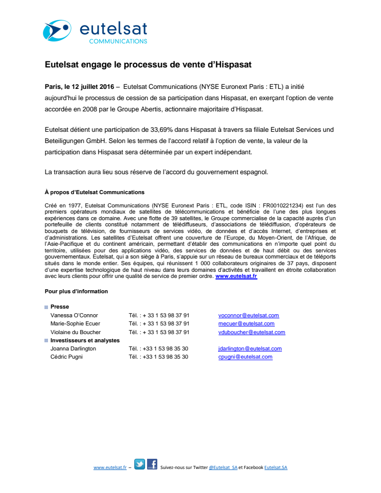 Eutelsat engage le processus de vente d’Hispasat