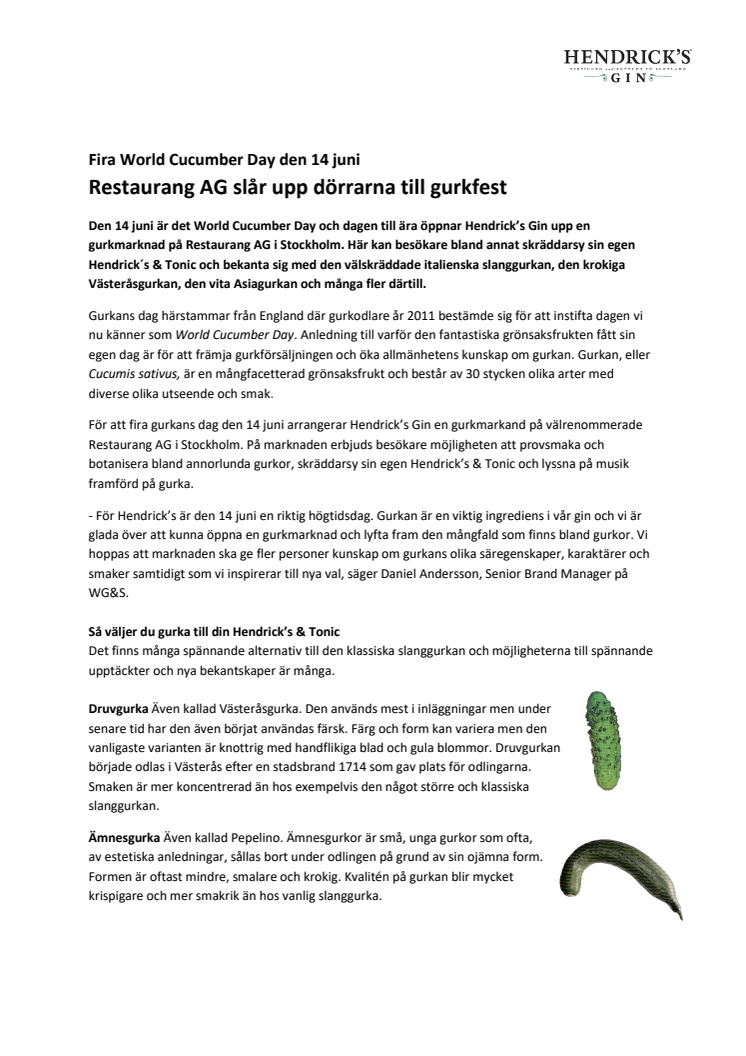 Fira World Cucumber Day den 14 juni - Restaurang AG slår upp dörrarna till gurkfest 