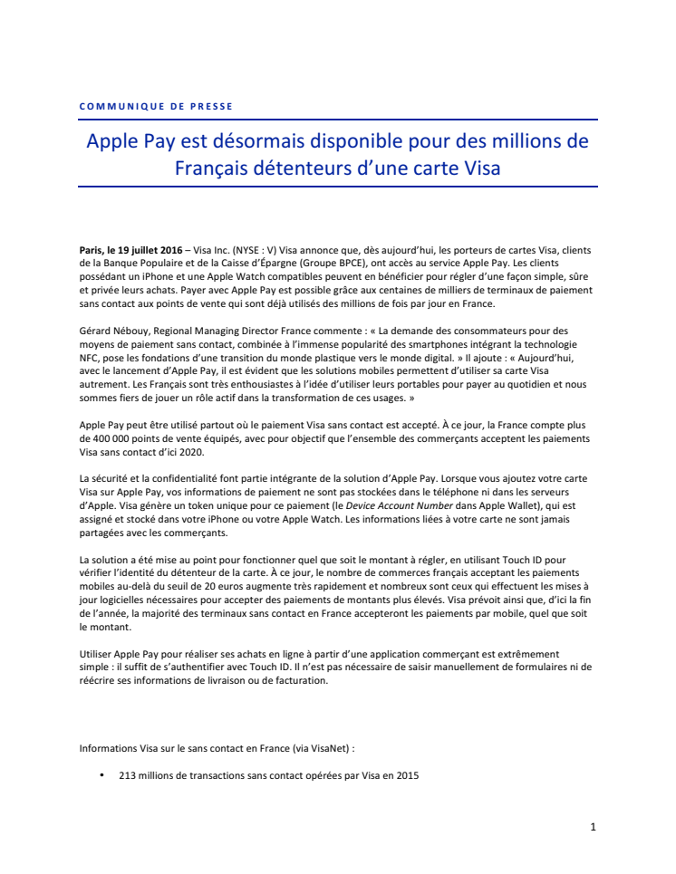 Apple Pay est désormais disponible pour des millions de Français détenteurs d’une carte Visa