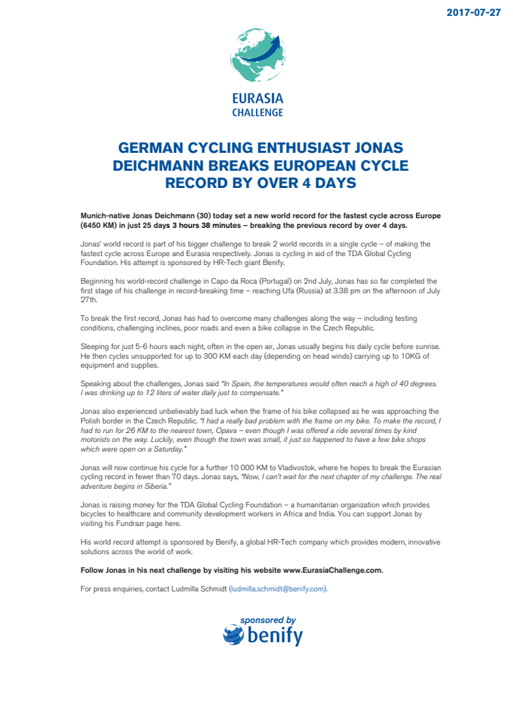 German cycling enthusiast Jonas Deichmann breaks European cycle record by over 4 days