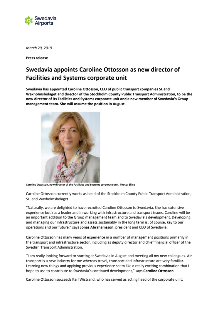 Swedavia appoints Caroline Ottosson as new director of Facilities and Systems corporate unit 