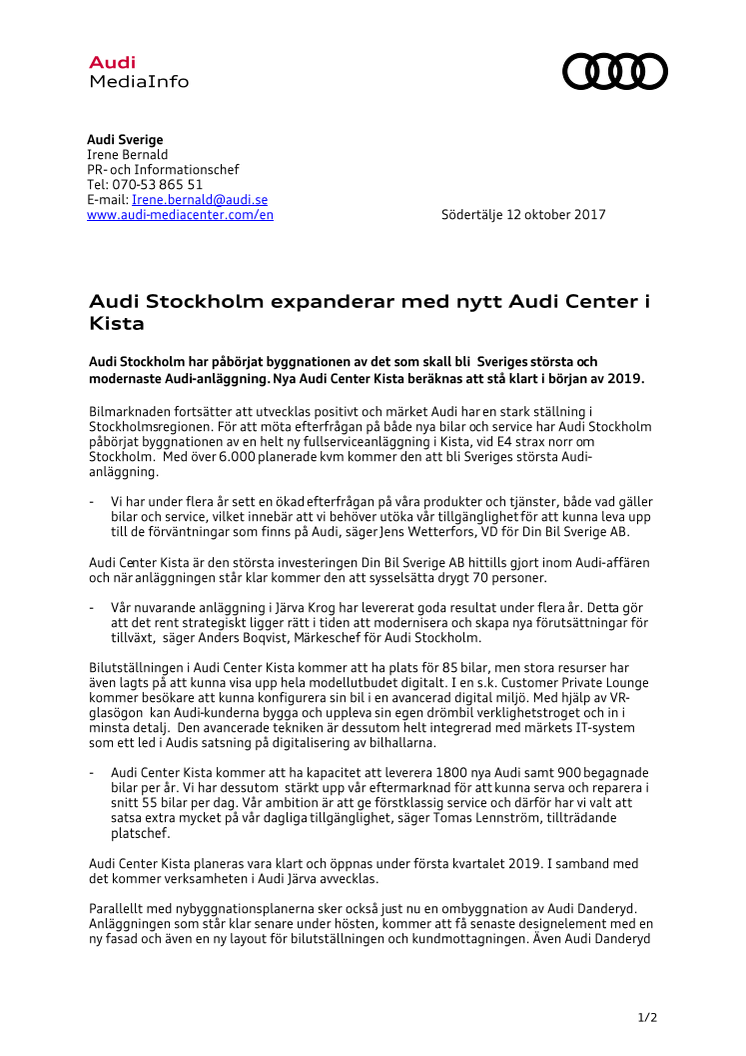 Audi Stockholm expanderar med nytt Audi Center i Kista