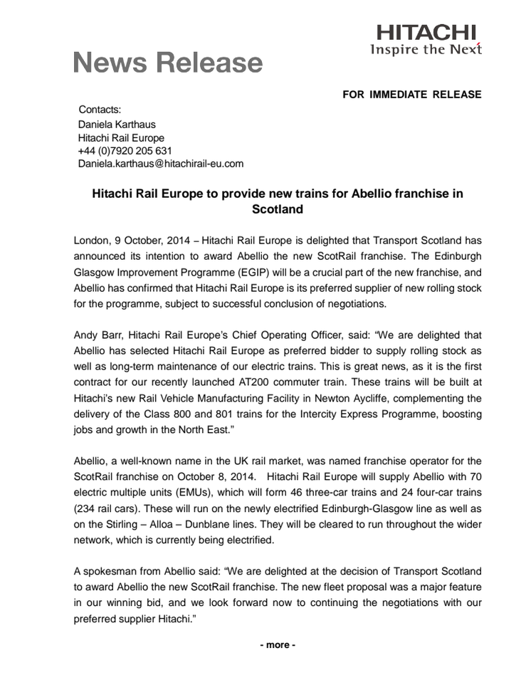 Hitachi Rail Europe to provide new trains for Abellio franchise in Scotland