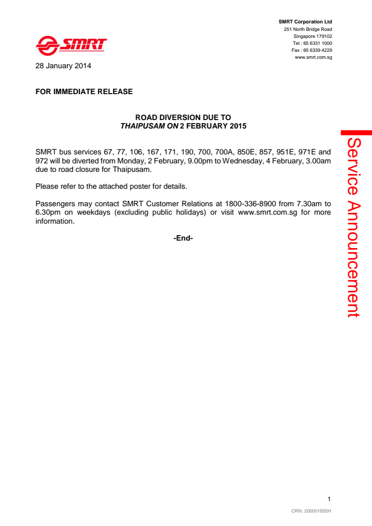 Road Diversion due to Thaipusam on 2 February 2015