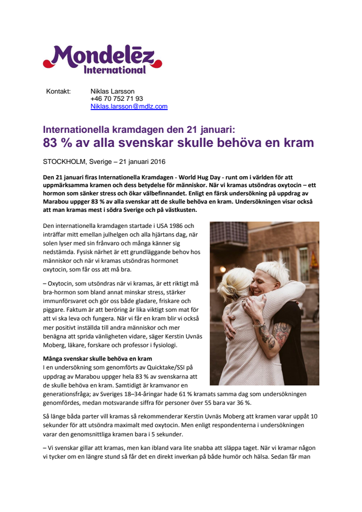 83 % av alla svenskar skulle behöva en kram