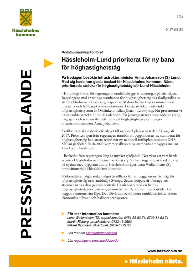 Hässleholm-Lund prioriterat för ny bana för höghastighetståg