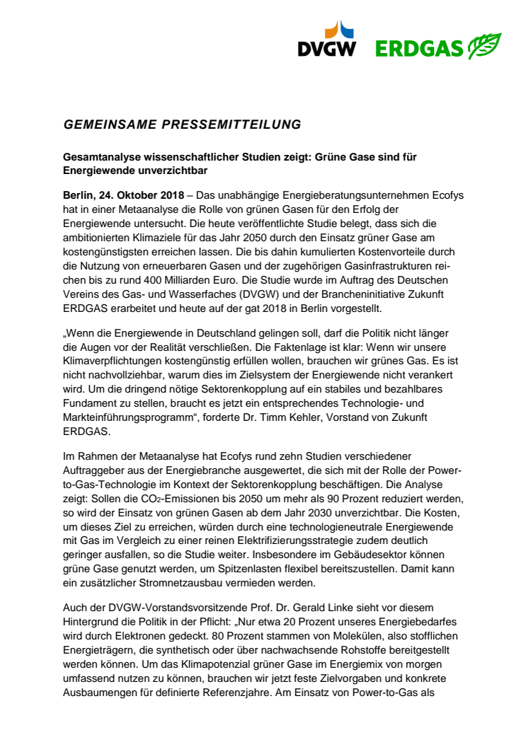 Gesamtanalyse wissenschaftlicher Studien zeigt: Grüne Gase sind für Energiewende unverzichtbar