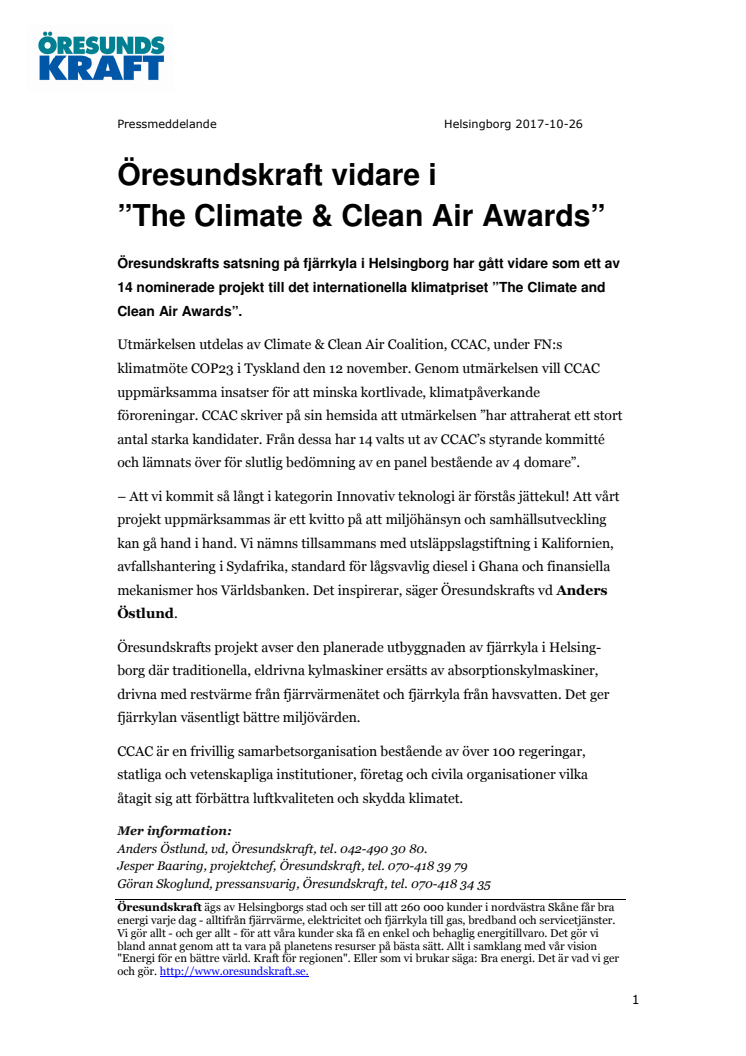 Öresundskraft vidare i ”The Climate & Clean Air Awards”