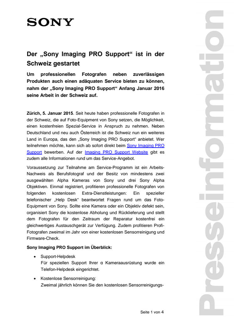 ​Der „Sony Imaging PRO Support“ ist in der Schweiz gestartet