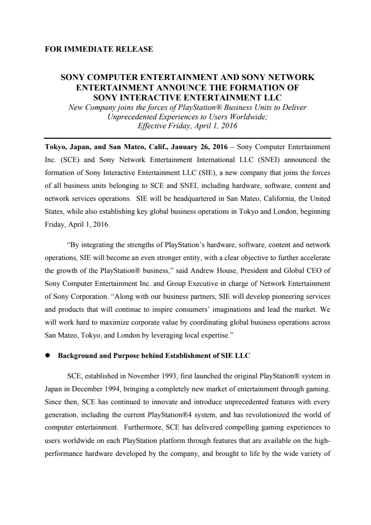​Sony Computer Entertainment och Sony Network Entertainment bildar Sony Interactive Entertainment LLC