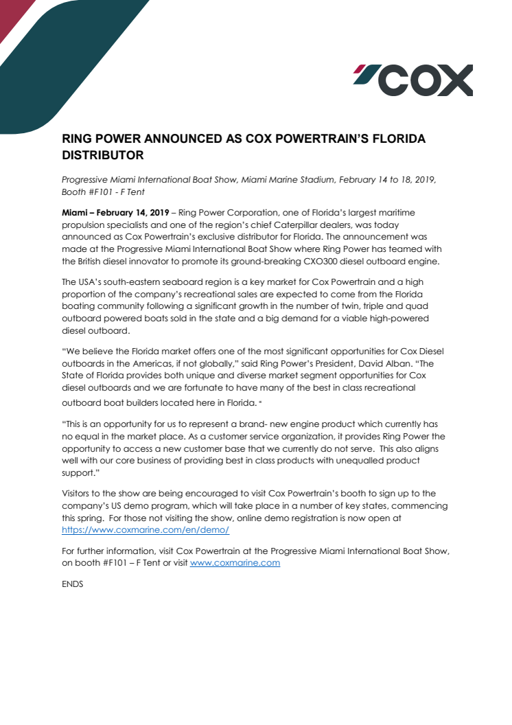 Cox Powertrain: Ring Power Announced as Cox Powertrain's Florida Distributor