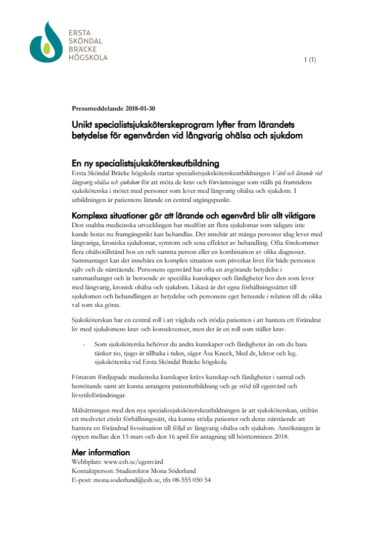 Unikt specialistsjuksköterskeprogram lyfter fram lärandets betydelse för egenvården vid långvarig ohälsa och sjukdom