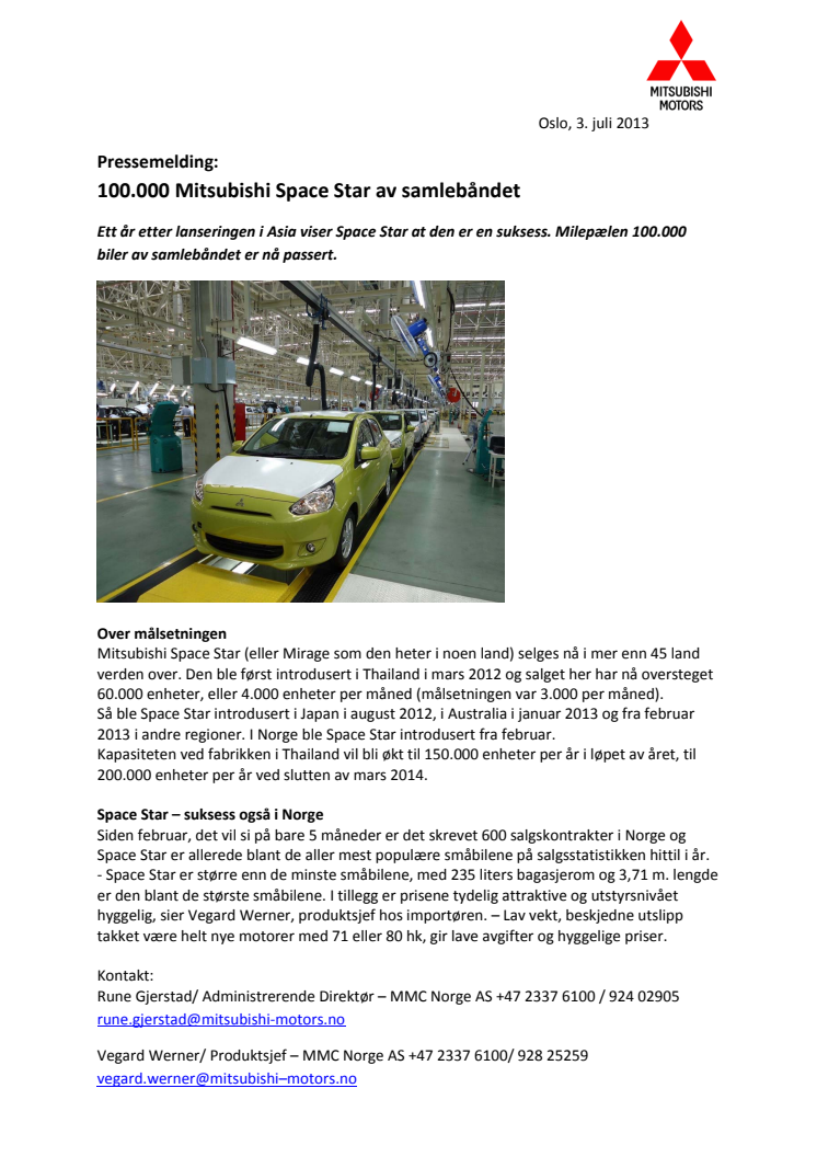 100.000 Mitsubishi Space Star av samlebåndet