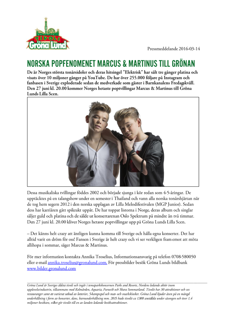 Norska popfenomenet Marcus & Martinus till Grönan