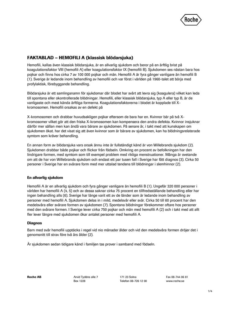 Faktablad – Hemofili A (klassisk blödarsjuka)
