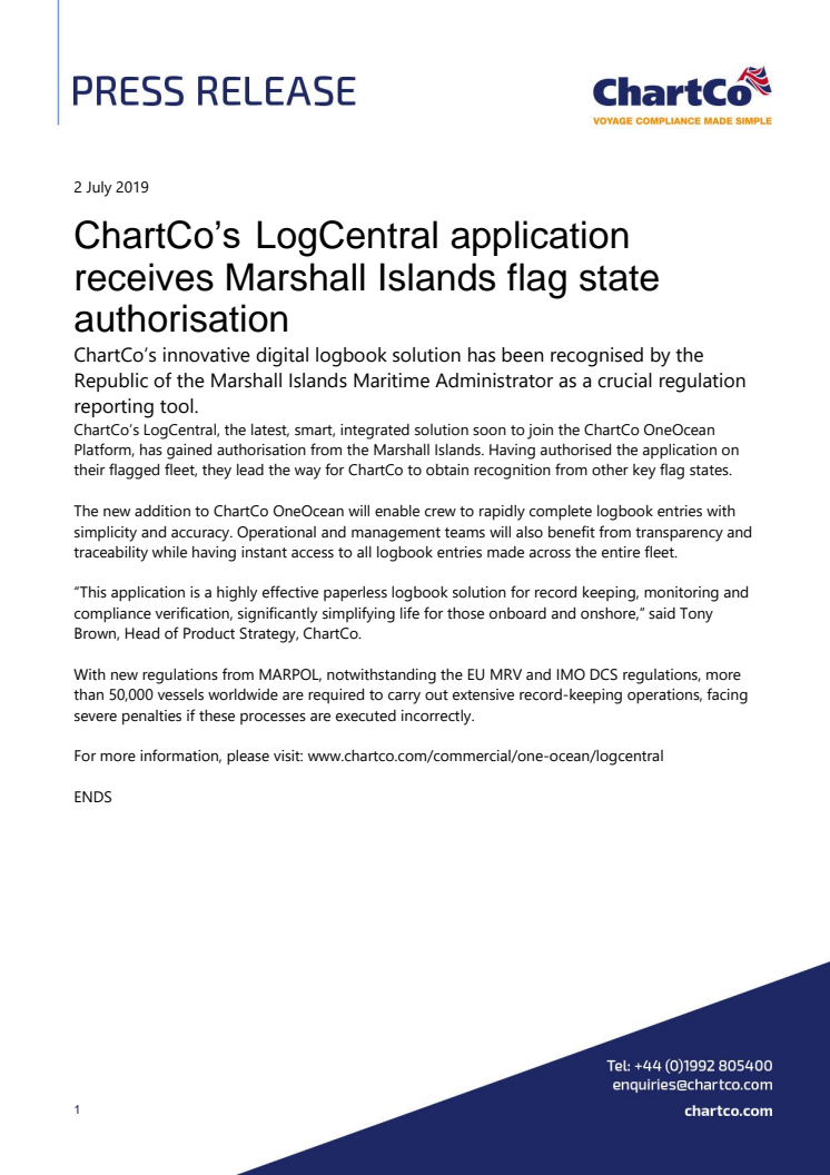 ChartCo’s  LogCentral application receives Marshall Islands flag state authorisation