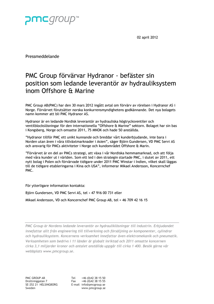 PMC Group förvärvar norskt bolag - Hydranor AS 
