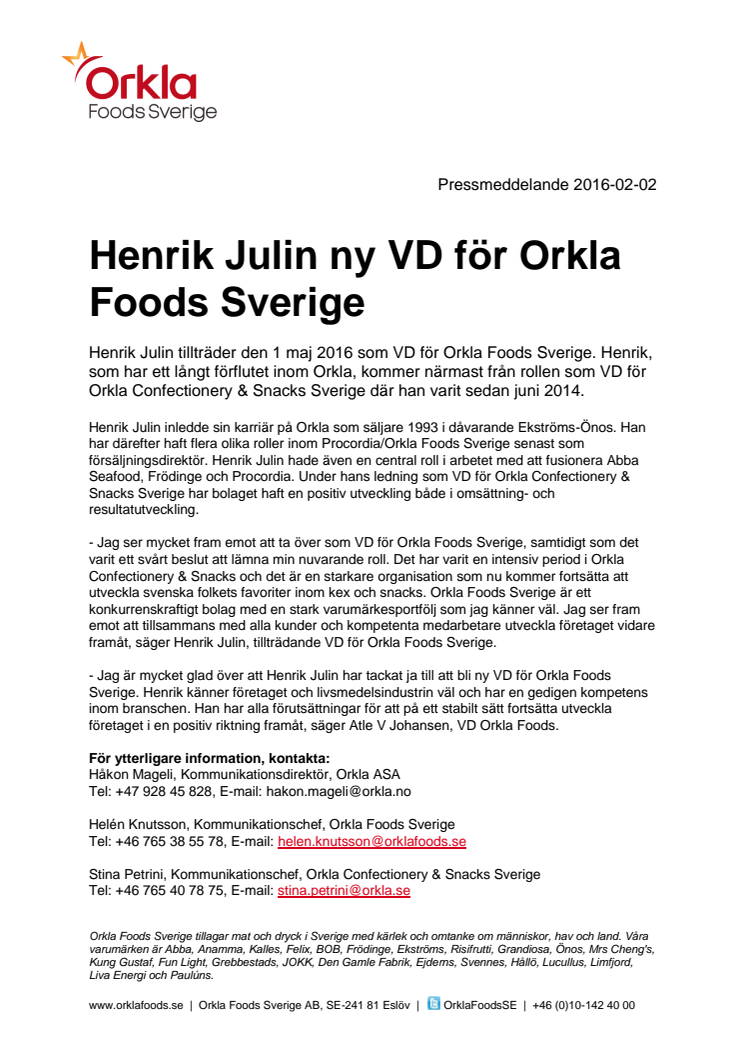 Henrik Julin ny VD för Orkla Foods Sverige