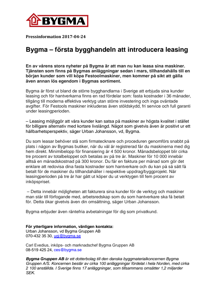 Bygma – första bygghandeln att introducera leasing 