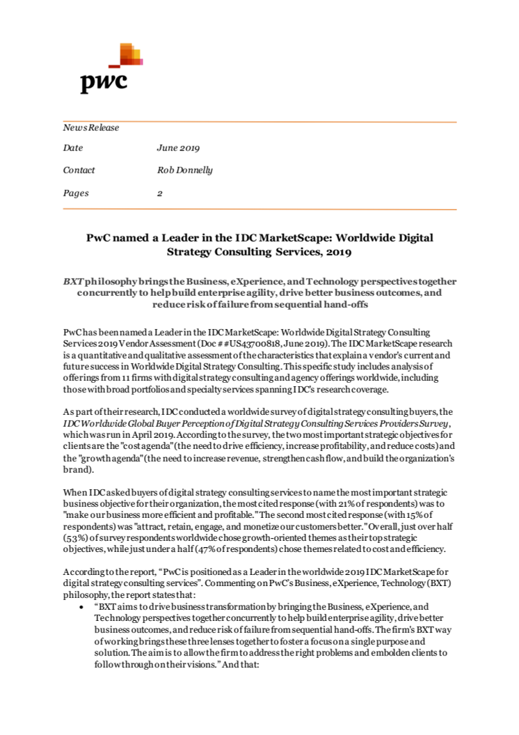 PwC named a Leader in the IDC MarketScape: Worldwide Digital Strategy Consulting Services, 2019