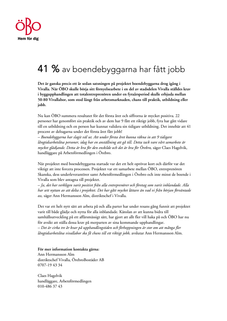 41 % av boendebyggarna har fått jobb