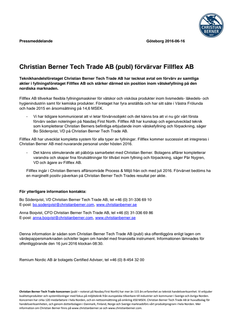 Christian Berner Tech Trade AB (publ) förvärvar Fillflex AB
