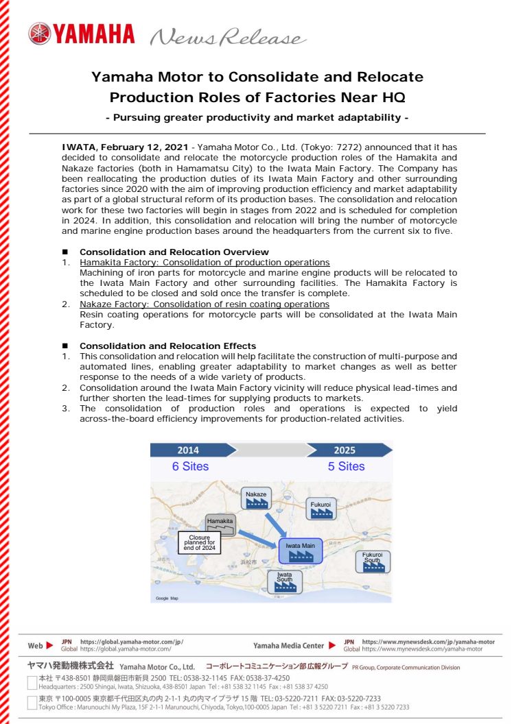 Yamaha Motor to Consolidate and Relocate Production Roles of Factories Near HQ    - Pursuing greater productivity and market adaptability -