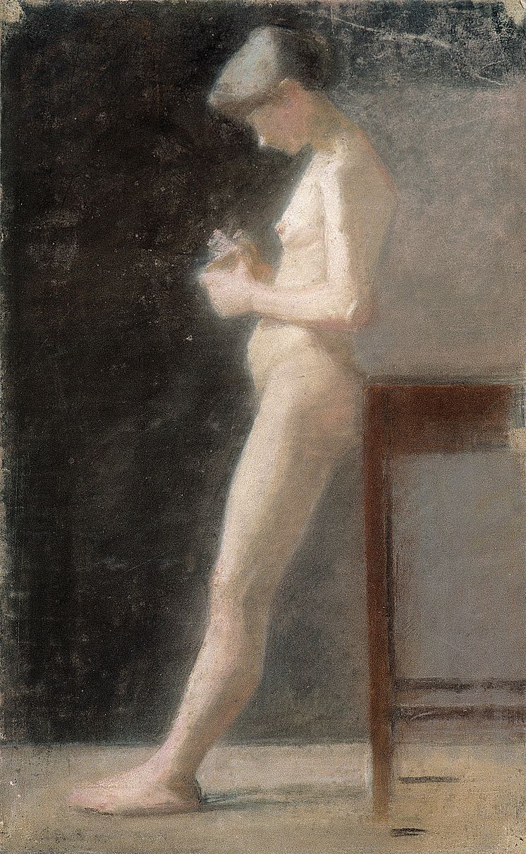 Marie Krøyer, Stående kvinnlig modell, som lutar sig mot ett bord), 1885/87. Pastell på papper, 50 x 31,5 cm. 