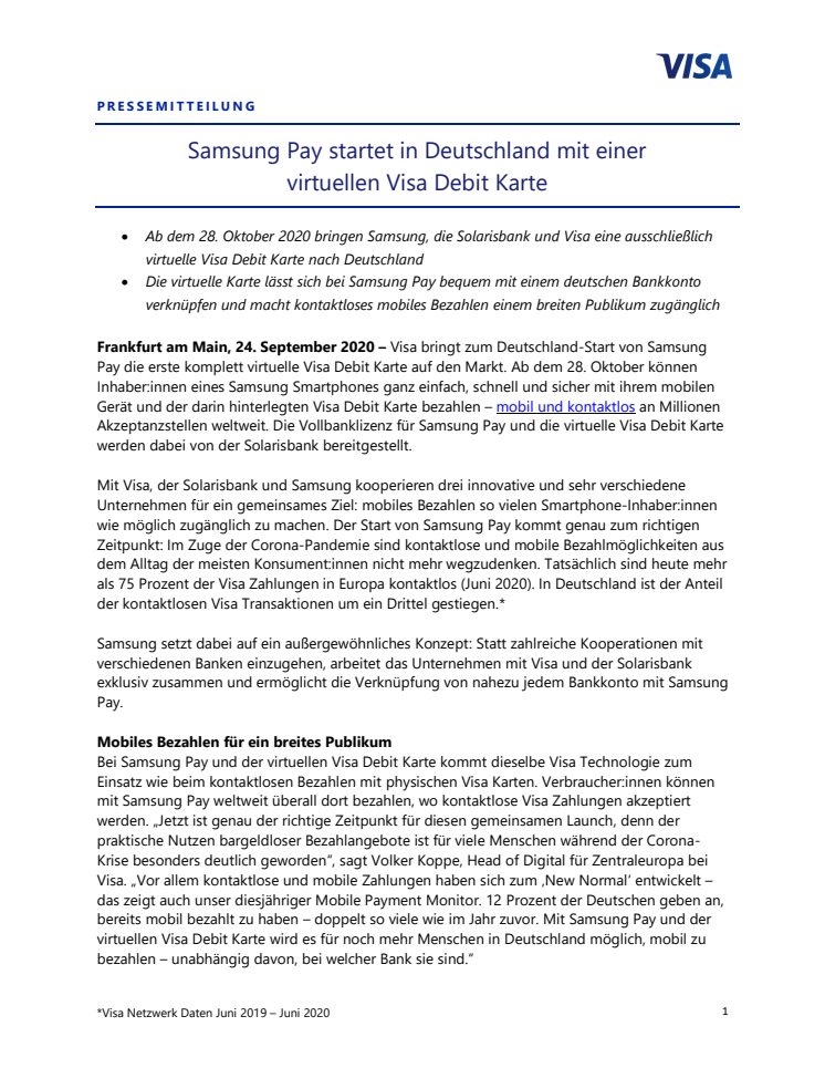 Samsung Pay startet in Deutschland mit einer virtuellen Visa Debit Karte