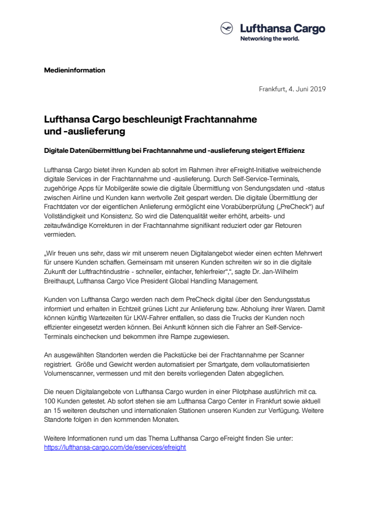 Lufthansa Cargo beschleunigt Frachtannahme und -auslieferung