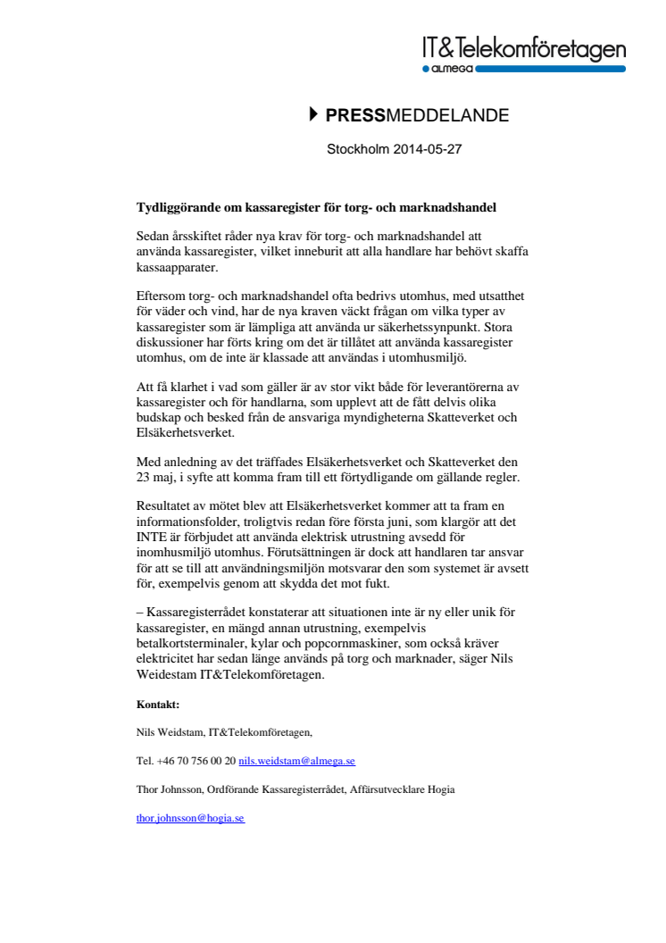 Tydliggörande om kassaregister för torg- och marknadshandel