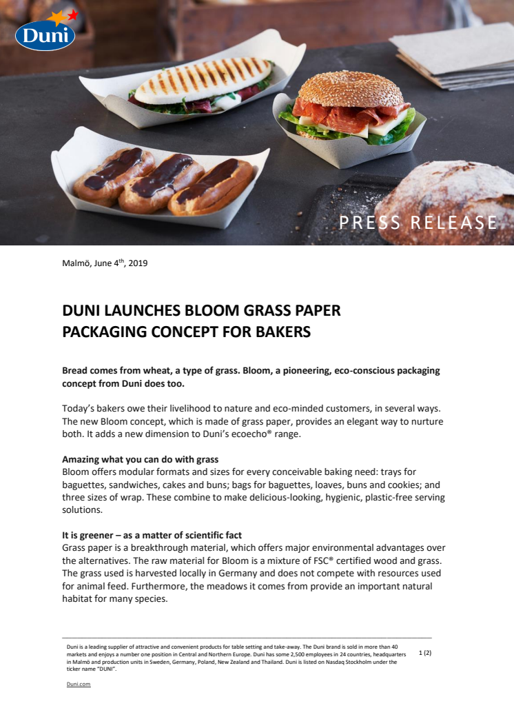 Duni launches Bloom grass paper packaging concept for bakers 