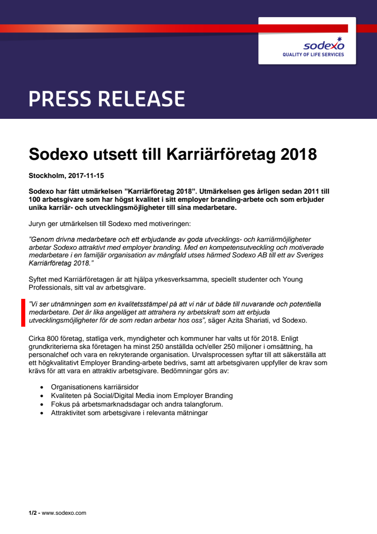 Sodexo utsett till Karriärföretag 2018