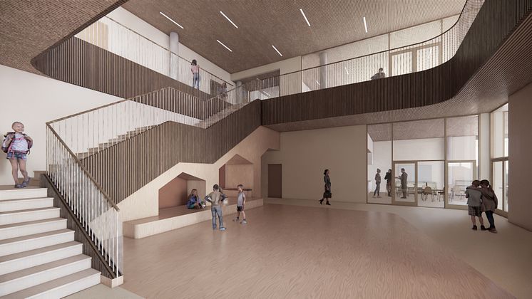 Illustrasjon av skolebygget innvendig. Et åpent trapperom med lyst interiør, trepanel i taket og elever. 