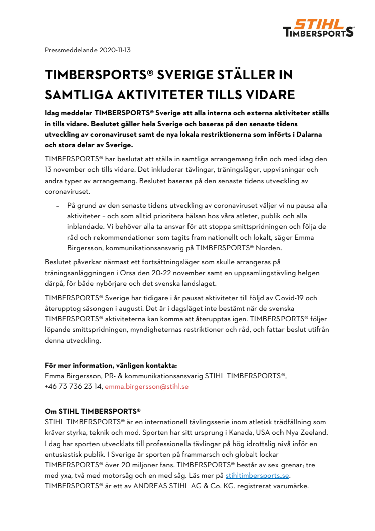 TIMBERSPORTS® Sverige ställer in samtliga aktiviteter tills vidare