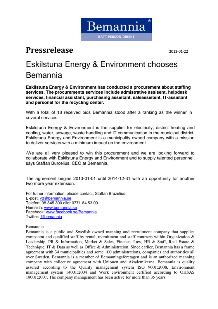 Eskilstuna Energy & Environment chooses Bemannia