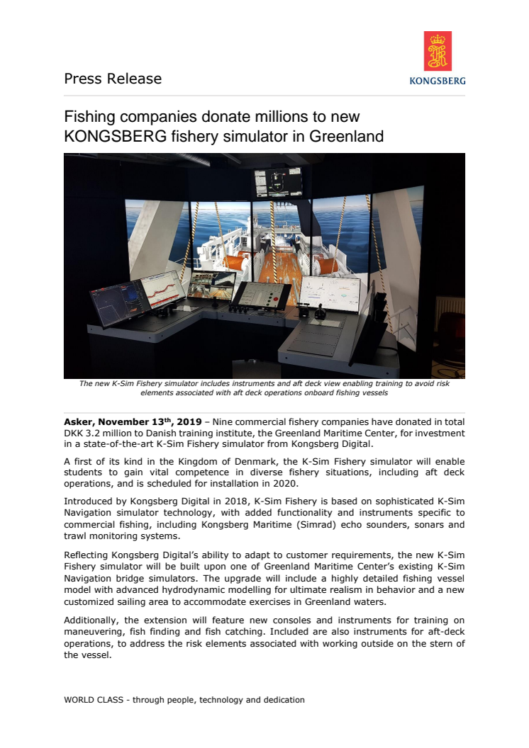 Fishing companies donate millions to new KONGSBERG fishery simulator in Greenland