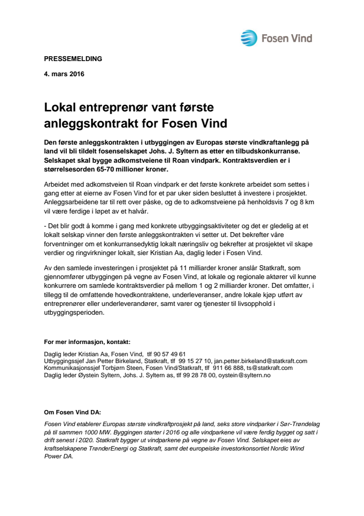 Lokal entreprenør vant første anleggskontrakt for Fosen Vind