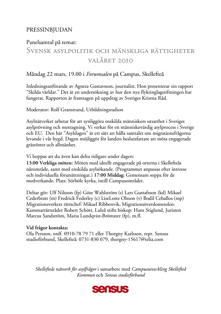 Panelsamtal på temat asylpolitik 22 mars i Skellefteå
