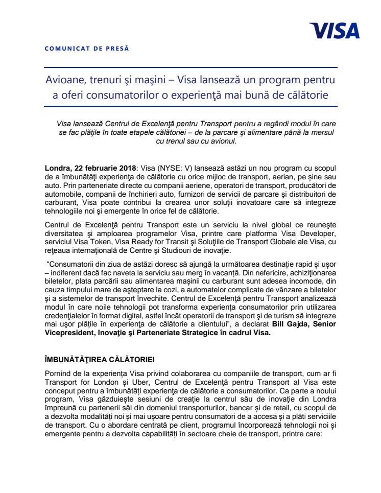 Avioane, trenuri şi maşini – Visa lansează un program pentru a oferi consumatorilor o experienţă mai bună de călătorie 