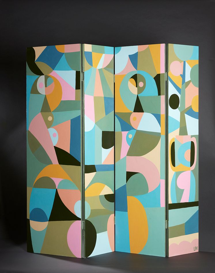 Liselotte Watkins, Incontro, 2018, vikskärm, akryl och lack, 125 x 135 cm