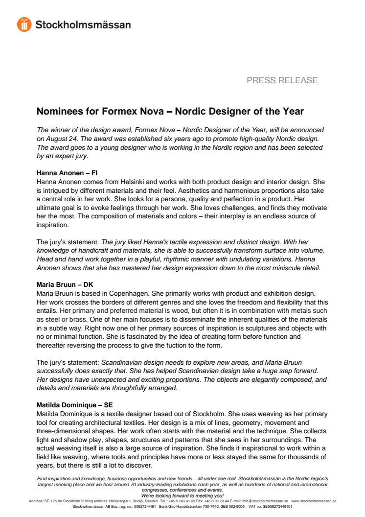 Nominees for Formex Nova – Nordic Designer of the Year