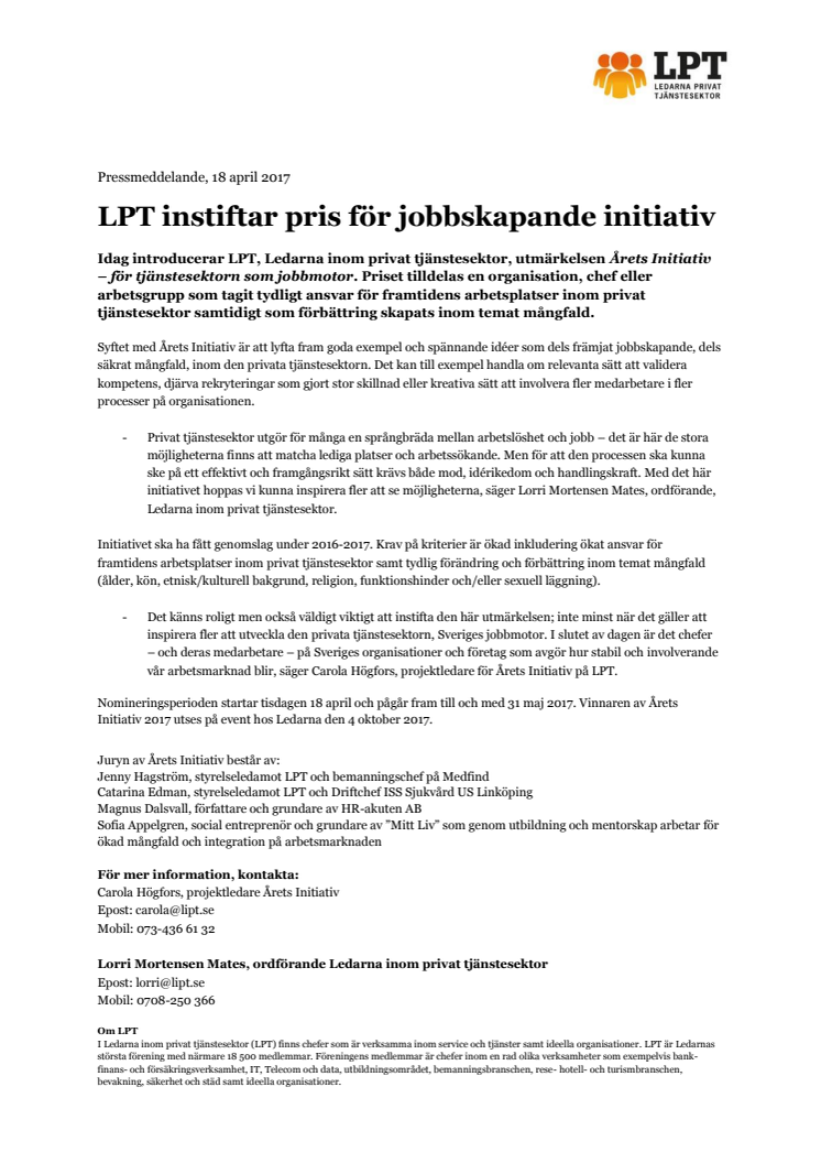 LPT instiftar pris för jobbskapande initiativ 