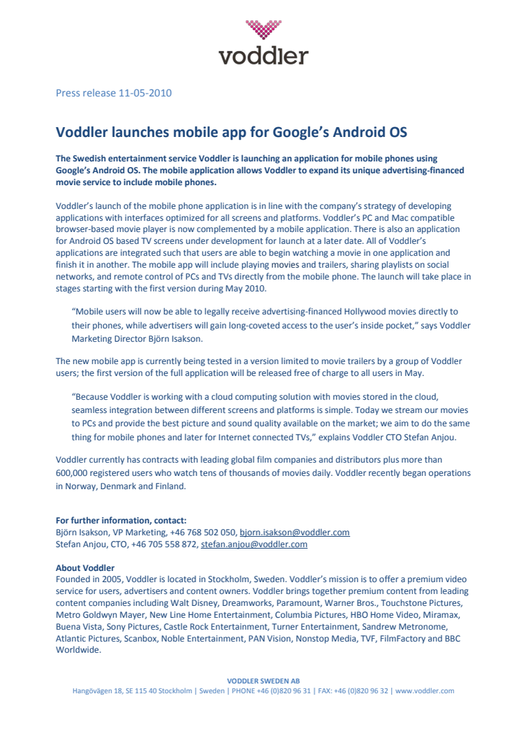 Voddler launches mobile app for Google’s Android OS