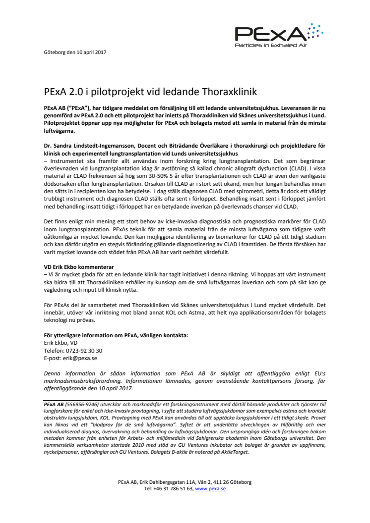 PExA 2.0 i pilotprojekt vid ledande Thoraxklinik