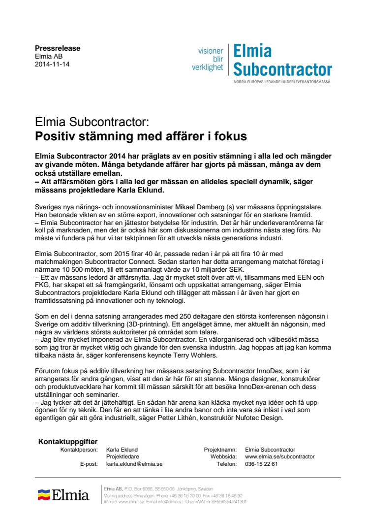 Elmia Subcontractor: Positiv stämning med affärer i fokus