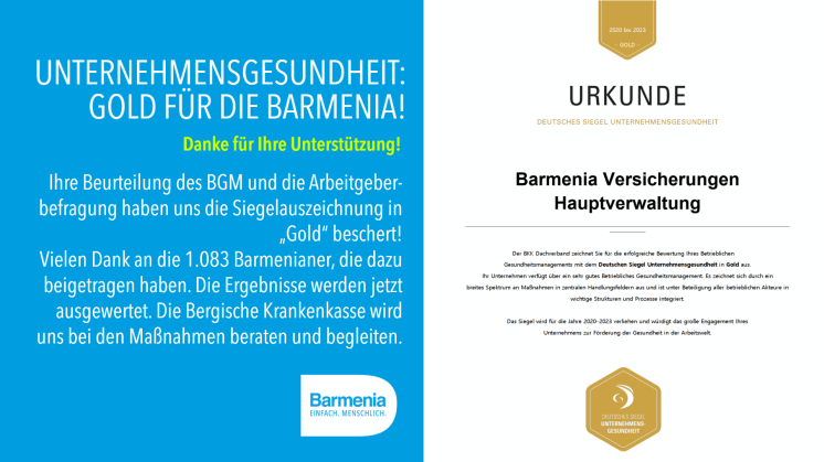 Goldenes Siegel für Unternehmensgesundheit für die Barmenia